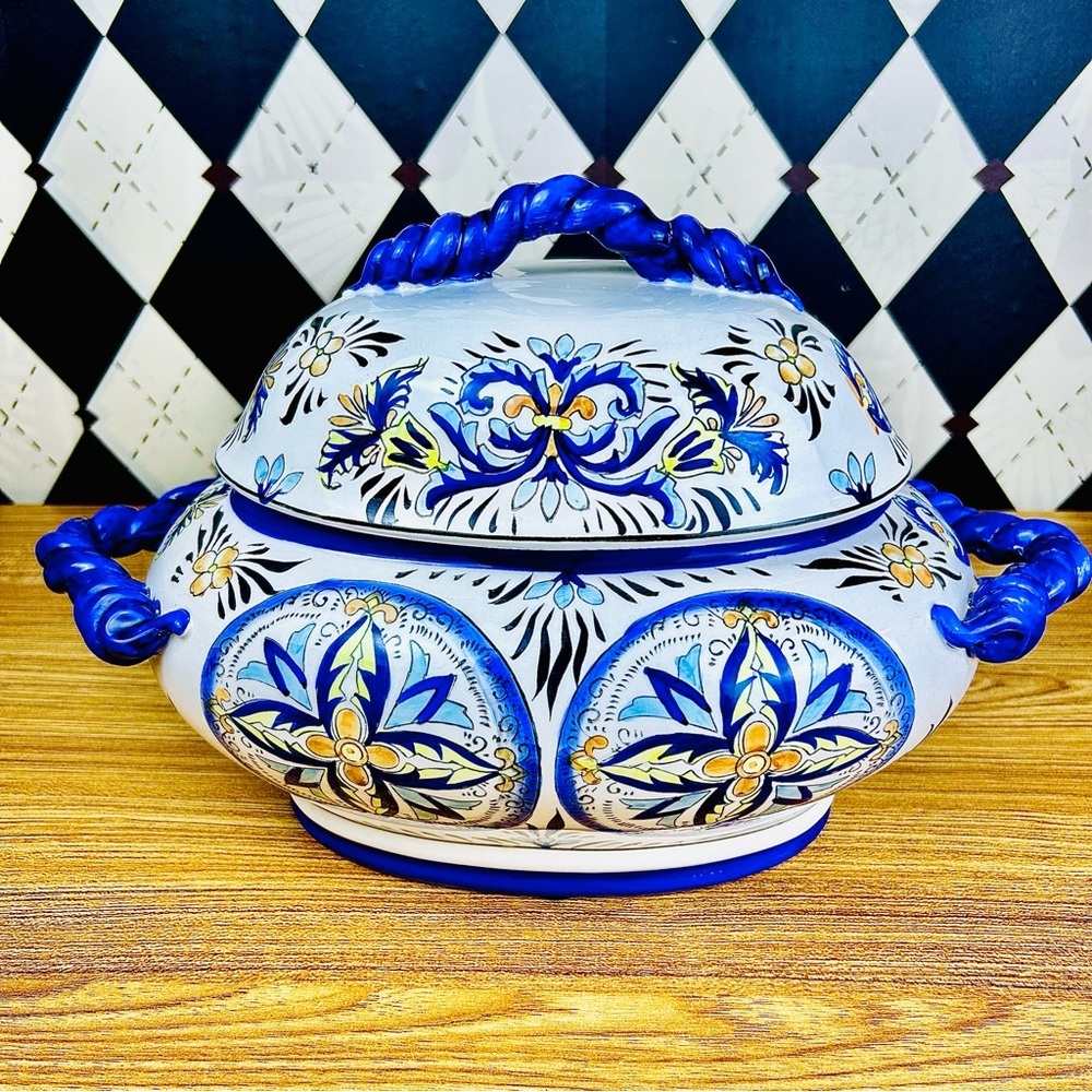 Italian Tureen Ceramic Large HandPainted Mediterranean Cobalt Blue Lidded Server - Picture 8 of 11